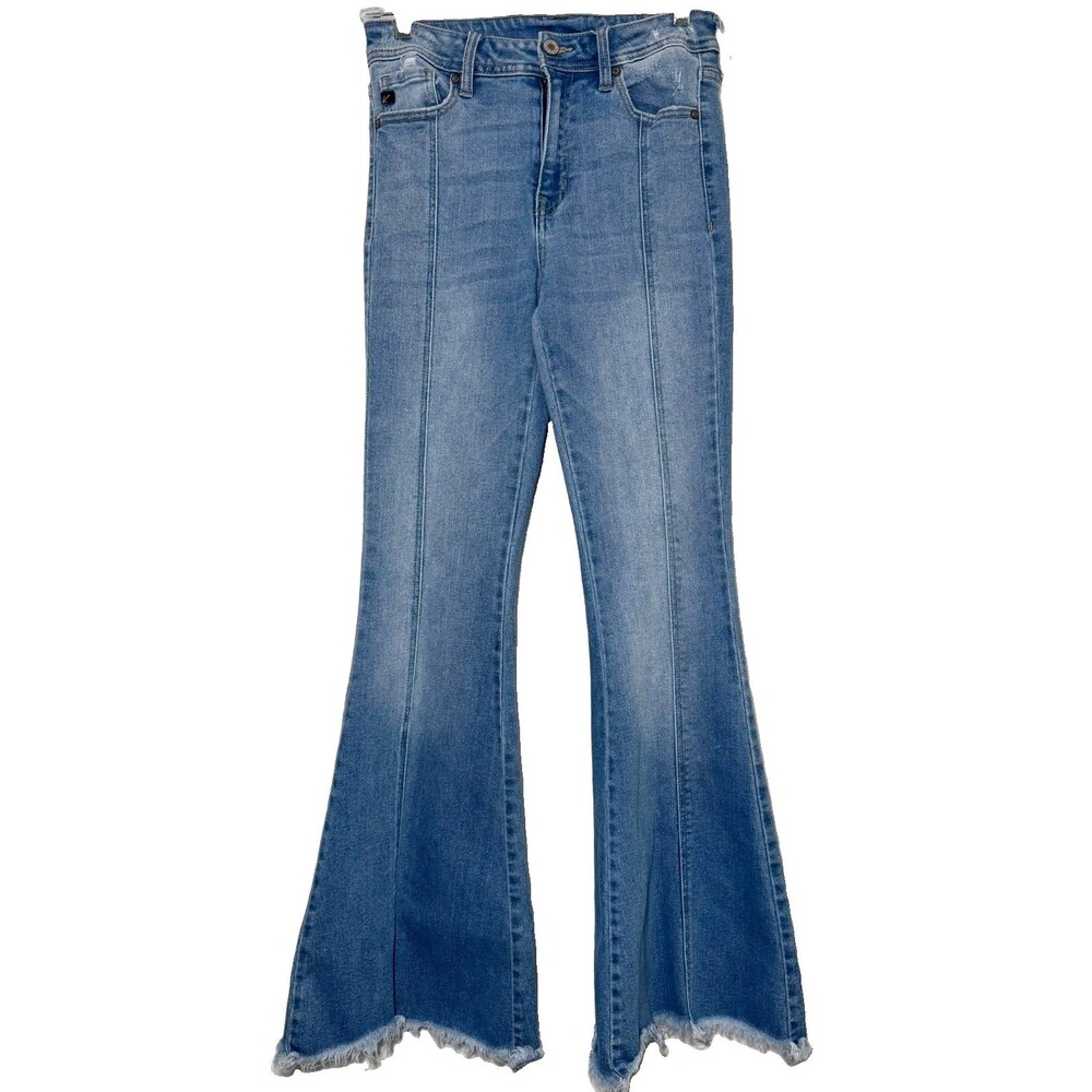 KanCan 27 High Rise Flare Jeans Light Wash Pintuck Raw Hem Stretch Boho